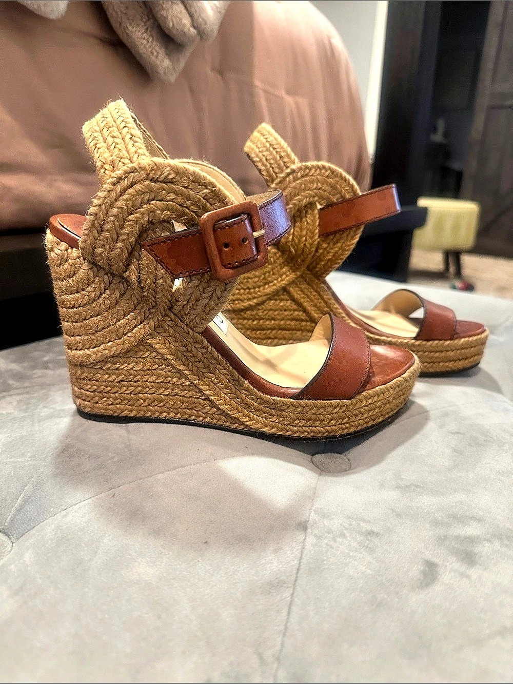 Jimmy Choo Leda 100 Leather Wedge Sandal Brown & Tan